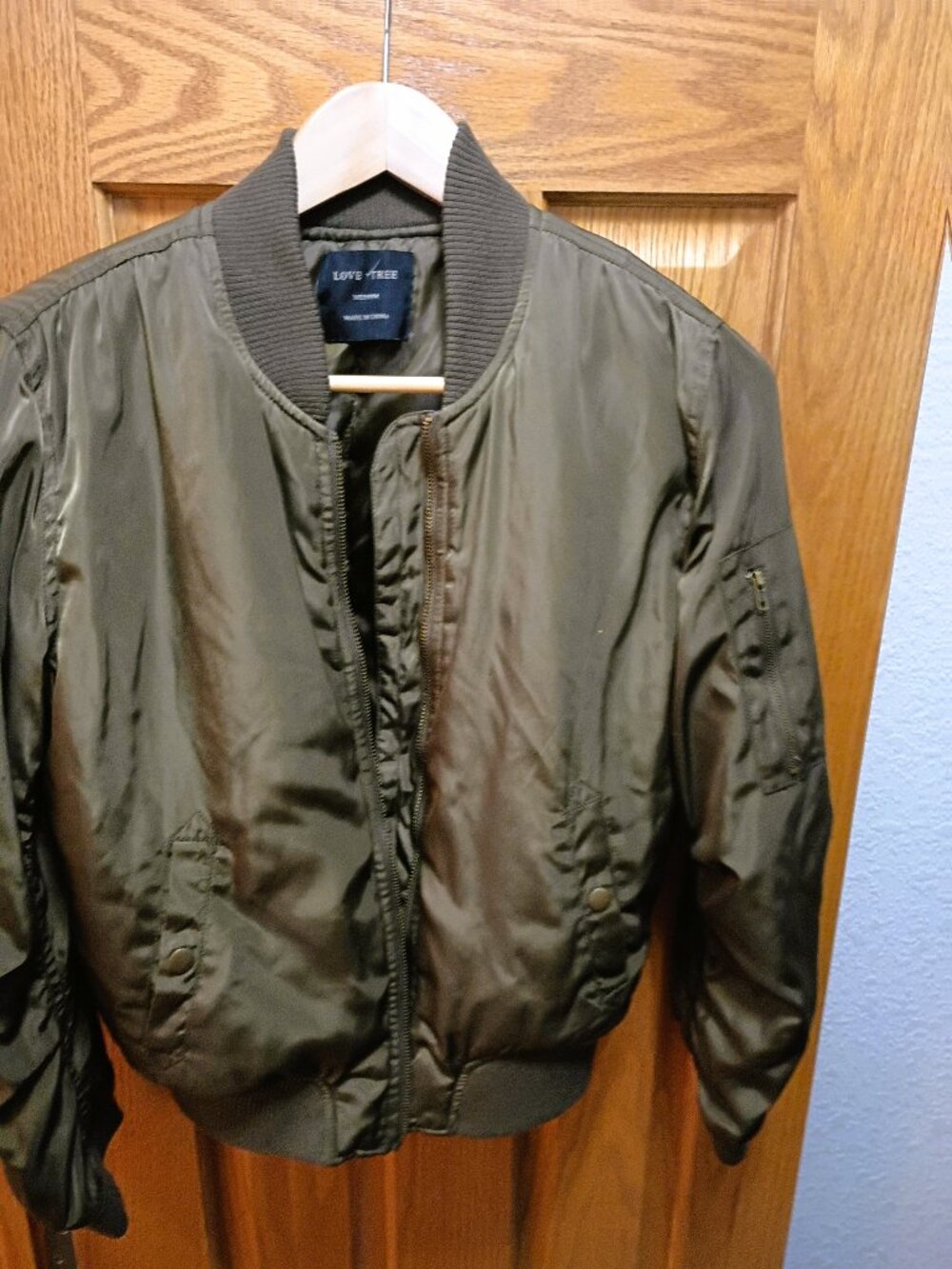 Love Tree Satin Military Olive Bomber Flight Jacket Medium